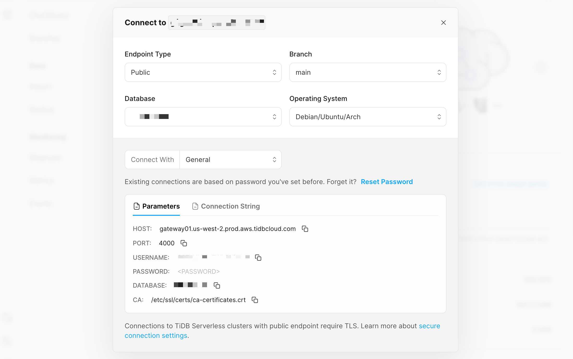 TiDB Serverless connection string